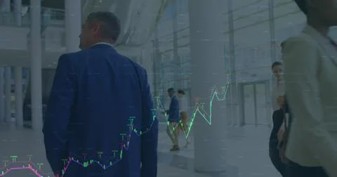 Image of financial data over caucaian businessmen walking in office Stock Photos