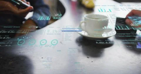 Image of financial data over caucasian businessman paying with card on payment Stock Photos