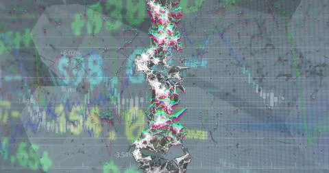 Image of financial data over dna chain on grey background 스톡 일러스트