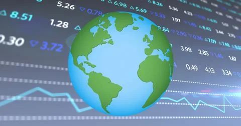 Image of financial data over globe on navy background Illustrazione stock