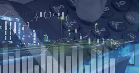 Image of financial data over hand of man with payment terminal and timelapse of Ilustração Stock