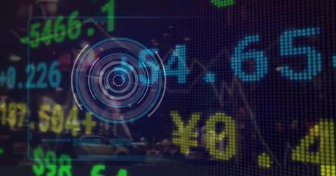 Image of financial data over processing circle on dark violet background Stock Illustration