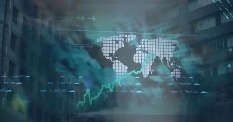 Image of financial data over world map, businesspeople and clouds Illustrazione stock