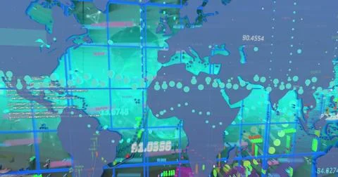 Image of financial data over world map on blue background 스톡 일러스트