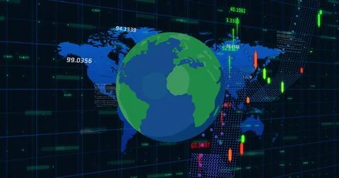 Image of financial data over world map and globe on black background Stock Illustration