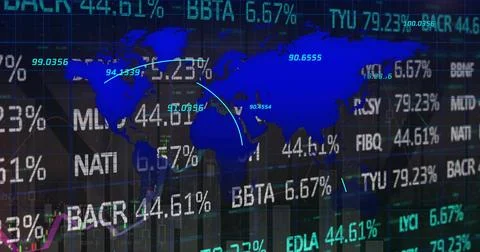 Image of financial data over world map on black background 스톡 일러스트