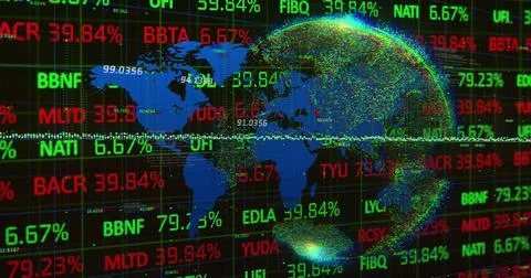 Image of financial data over world map and globe on black background Stock Illustration