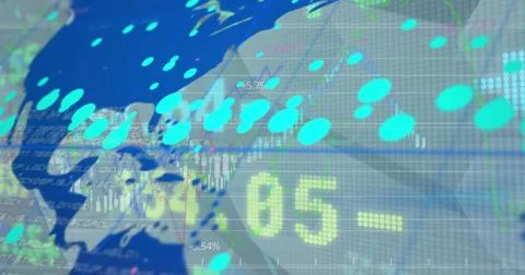 Image of financial data over world map on grey background Illustrazione stock