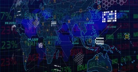 Image of financial data over world map and icons in navy digital space Ilustração Stock