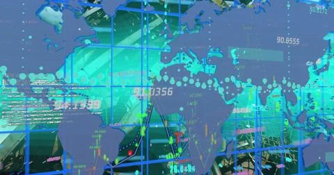 Image of financial data over world map on blue background 写真素材