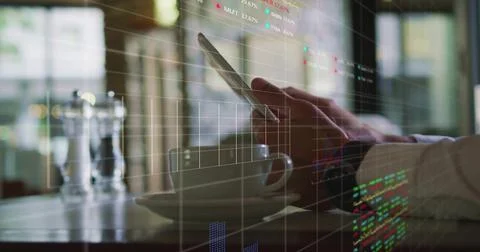 Image of financial data processing african american businessman using smartphone Foto stock