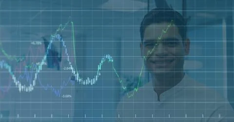 Image of financial data processing against portrait of biracial man smiling at Stock Illustration