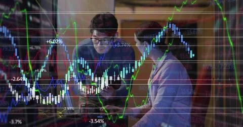 Image of financial data processing against diverse male and female engineer Stock Illustration