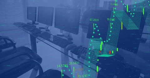 Image of financial data processing against computers in empty office Stock Photos