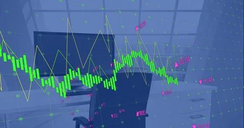 Image of financial data processing against computer on office desk Stock Photos