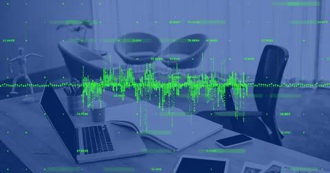 Image of financial data processing against empty office Stock Photos