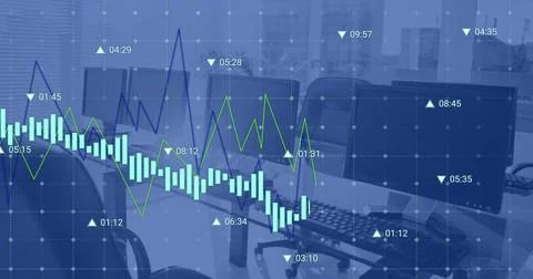 Image of financial data processing against computers on office desks Foto stock