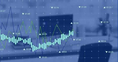 Image of financial data processing against computer on office desk Foto stock