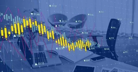 Image of financial data processing against close up of a desk at office Stock Photos