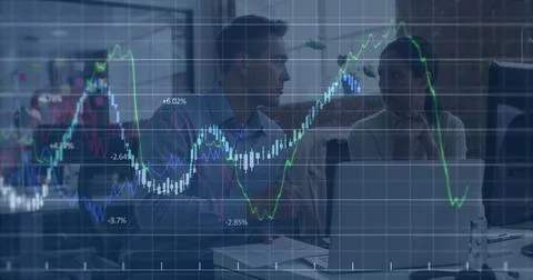 Image of financial data processing against diverse man and woman discussing at Foto stock