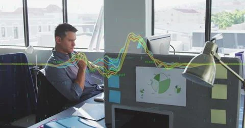 Image of financial data processing against thoughtful caucasian man sitting at 스톡 사진
