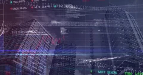 Image of financial data processing and binary coding over modern office Stock Illustration