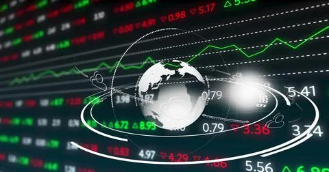 Image of financial data processing and globe of network of connections with Stock Illustration