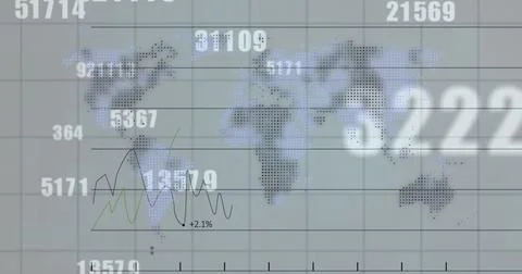Image of financial data processing and numbers changing over world map Stockillustratie