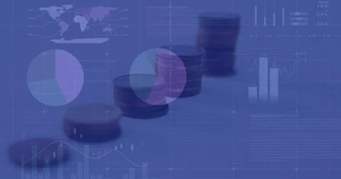 Image of financial data processing and statistics recording over stacks of coins Stock Illustration