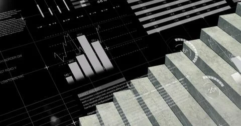 Image of financial data processing and statistic recording over steps on black Stock Illustration