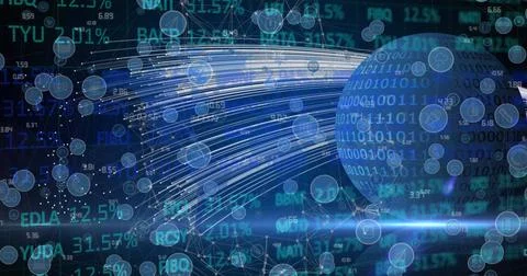 Image of financial data processing and social media icons over globe Stock Illustration
