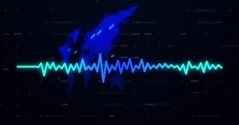 Image of financial data processing and world map on black background Stock Illustration