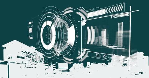 Image of financial data processing and scope scanning over cityscape Stock Illustration