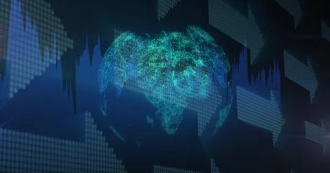 Image of financial data processing and arrows over globe on black background Stock Illustration