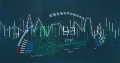 Image of financial data processing and car panel over digital truck model Stock Illustration