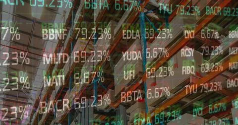 Image of financial data processing and stock market over empty warehouse Stock Illustration