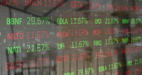 Image of financial data processing and stock market over empty warehouse Illustrazione stock