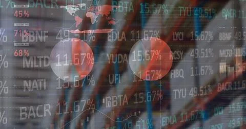 Image of financial data processing and stock market over empty warehouse Stock Illustration