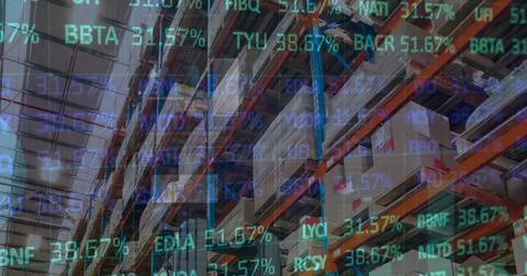 Image of financial data processing and stock market over empty warehouse Stock Illustration