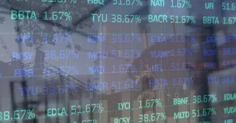 Image of financial data processing and stock market over empty warehouse Illustrazione stock