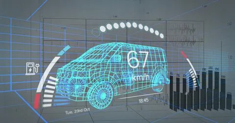 Image of financial data processing and car panel over digital truck model Stock Illustration