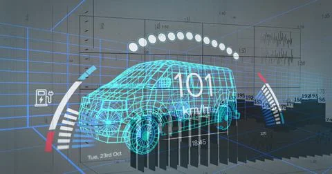 Image of financial data processing and car panel over digital truck model Stock Illustration