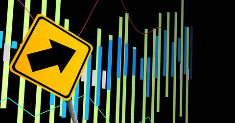 Image of financial data processing and road sign over black background Illustrazione stock