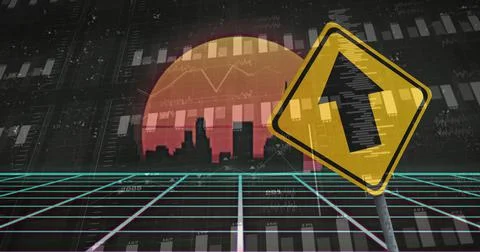 Image of financial data processing and road sign over cityscape Ilustração Stock