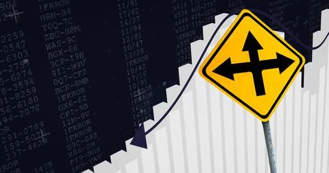 Image of financial data processing and road sign over black background イラスト素材