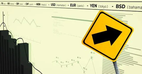 Image of financial data processing and road sign over yellow background Illustrazione stock