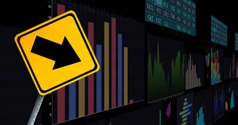 Image of financial data processing and road sign over black background Stockillustratie