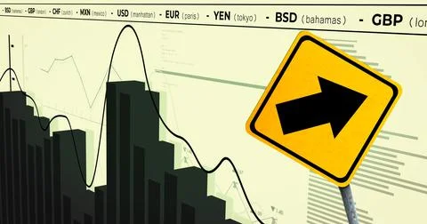 Image of financial data processing and road sign over yellow background Illustrazione stock