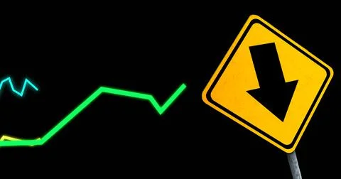 Image of financial data processing and road sign over black background Ilustração Stock