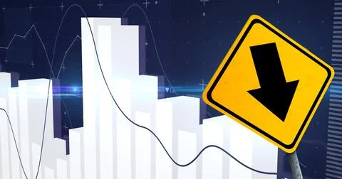 Image of financial data processing and road sign over blue background Illustrazione stock